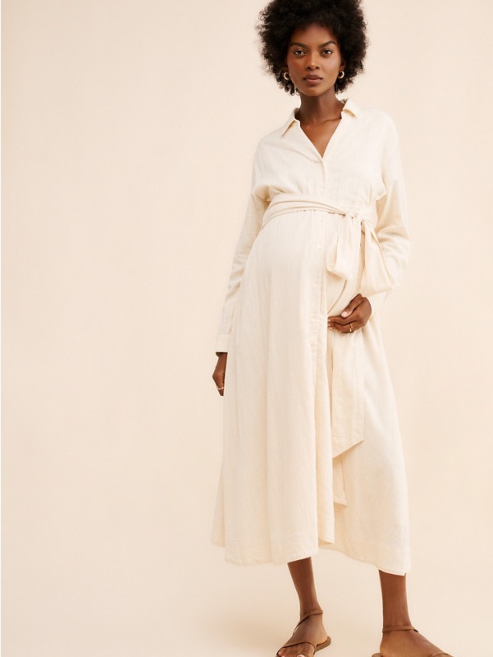 Hatch Cream Maternity Shirt Dress with Waist Tie